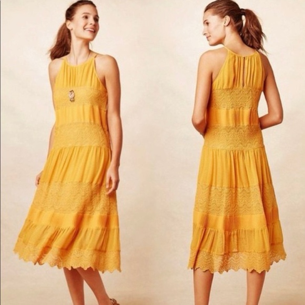 Anthropologie HD In Paris Villanelle lace midi dress marigold